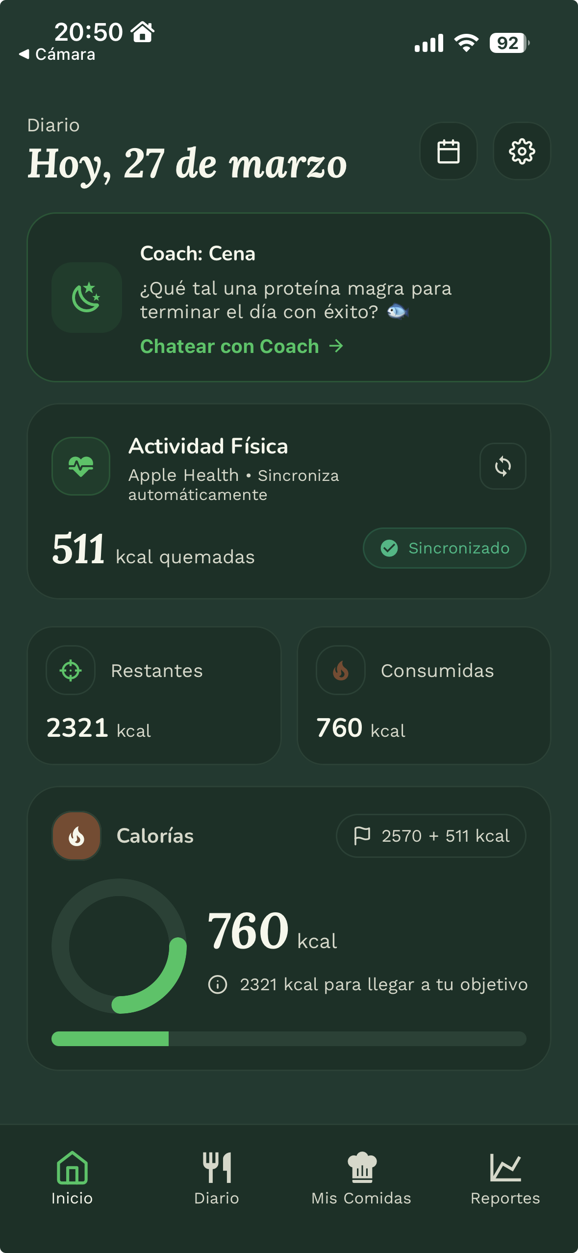 ContaMacros pantalla principal con calorías y macros